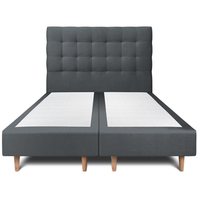 Lit 180x200cm avec tête de lit capitonnée velours et double sommier tapissier gris anthracite - Hauteur totale : 35cm
