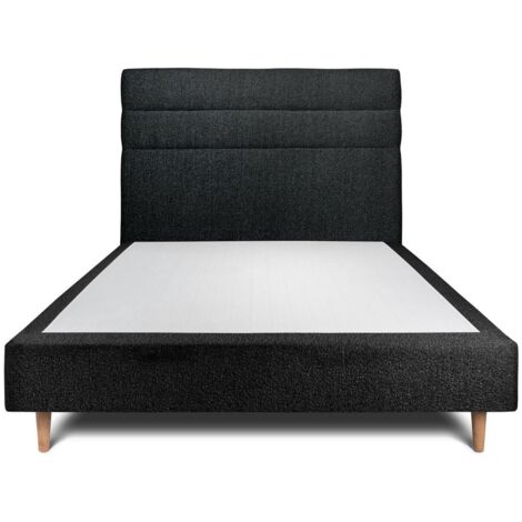 Lit 150x200cm avec tête de lit lignes bouclette et sommier tapissier Noir - Hauteur totale : 35cm