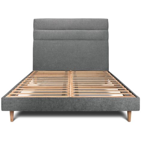 Lit 150x200cm avec tête de lit lignes tissu et sommier kit gris anthracite - Hauteur totale : 29cm