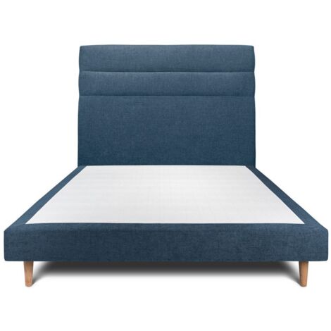 Lit 150x200cm avec tête de lit lignes tissu et sommier tapissier Bleu - Hauteur totale : 29cm