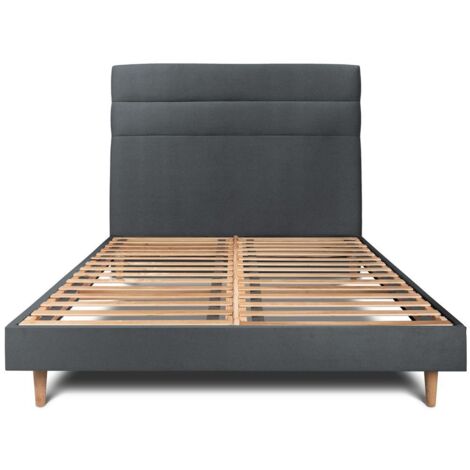 Lit 150x200cm avec tête de lit lignes velours et sommier kit gris anthracite - Hauteur totale : 29cm