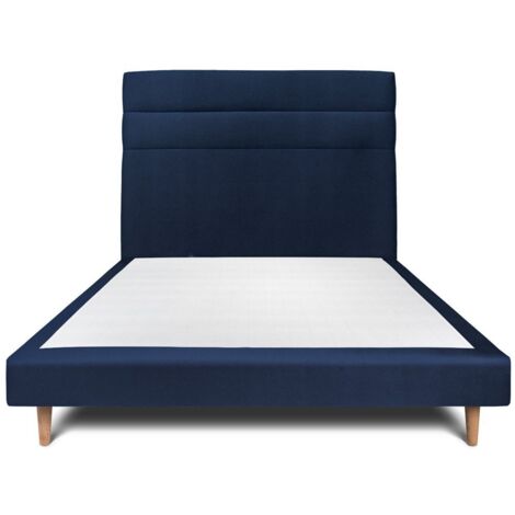 Lit 150x200cm avec tête de lit lignes velours et sommier tapissier Bleu - Hauteur totale : 29cm