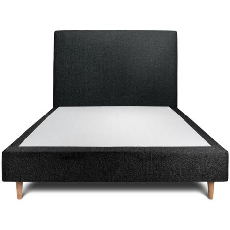 Lit 150x200cm avec tête de lit tapissier bouclette et sommier tapissier Noir - Hauteur totale : 35cm