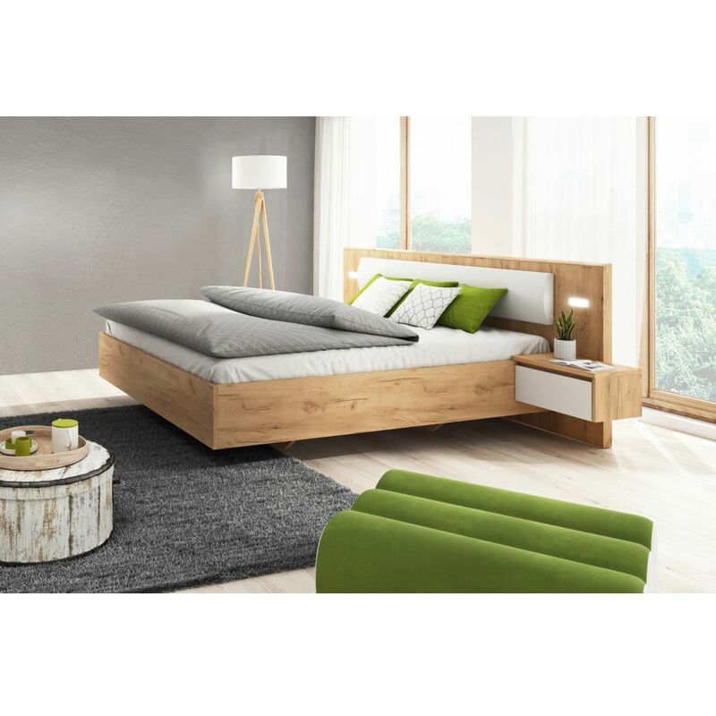 Lit 160x200 cm avec chevets suspendus XELYO Blanc et Chêne - Blanc