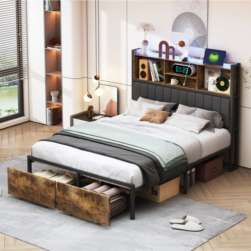 Sunfecili - lit 160 x 200 avec 2 tiroirs,lit rembourré,lit double,bande lumineuse LED,prise USB,rangements de chevet, pu, ​​​​noir