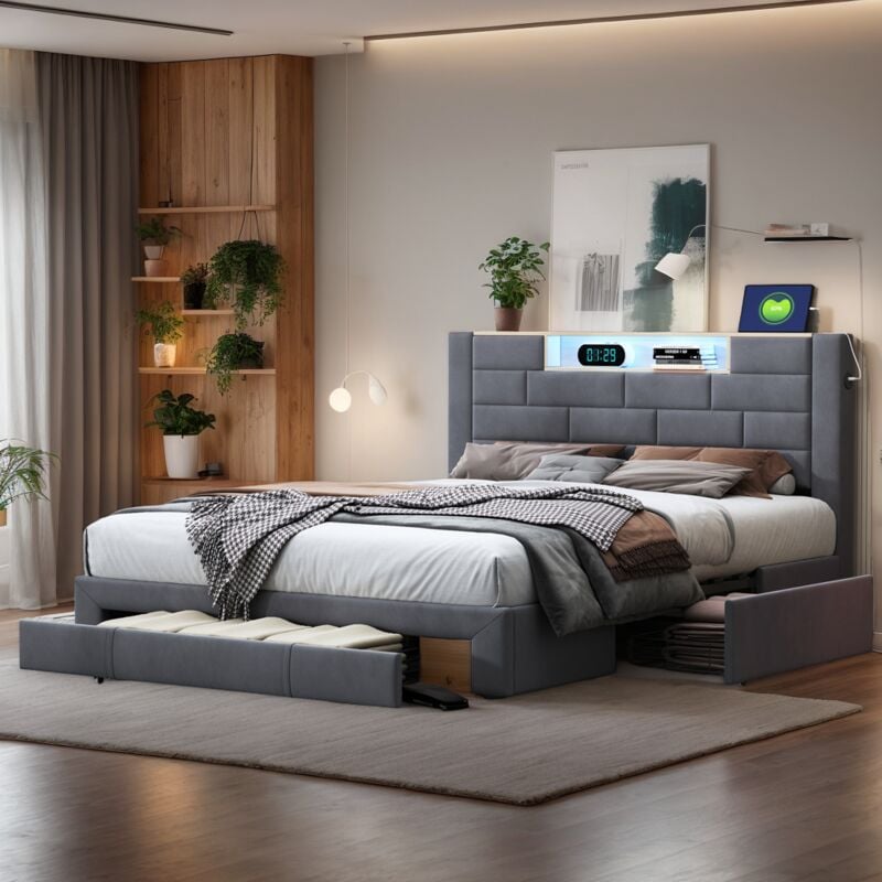 Lit 140 x 200 avec tiroirs,tête de lit,port de charge usb et Type C,sommier à lattes,éclairage LED,lit 2 Personnes led avec rangement,lit