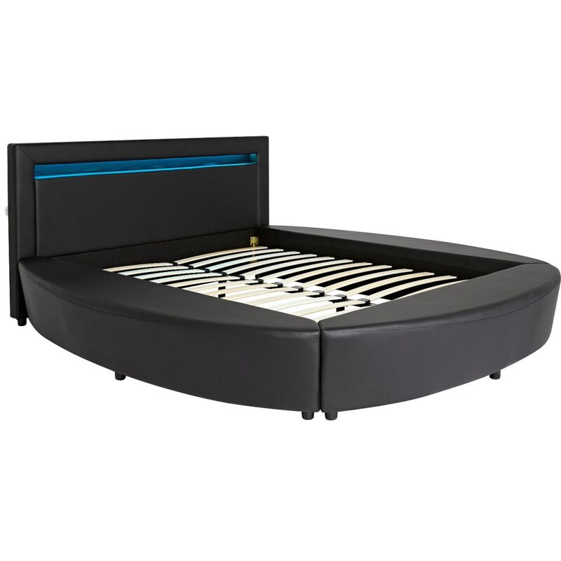 Vente-Unique – Lit rond 180 x 200 cm – Simili noir avec LEDs multicolores – Cadre à lattes – Hauteur de couchage 38 cm – Charge max 500 kg