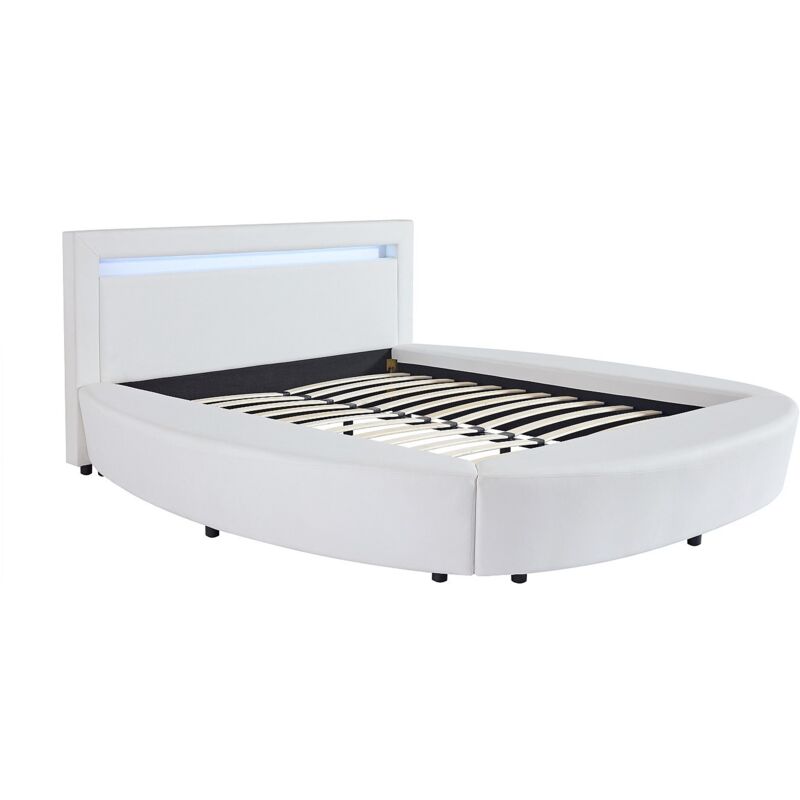 Vente-Unique – Lit rond 160 x 200 cm – Simili blanc avec LEDs multicolores – Cadre à lattes – 2 places – Hauteur de couchage 38 cm