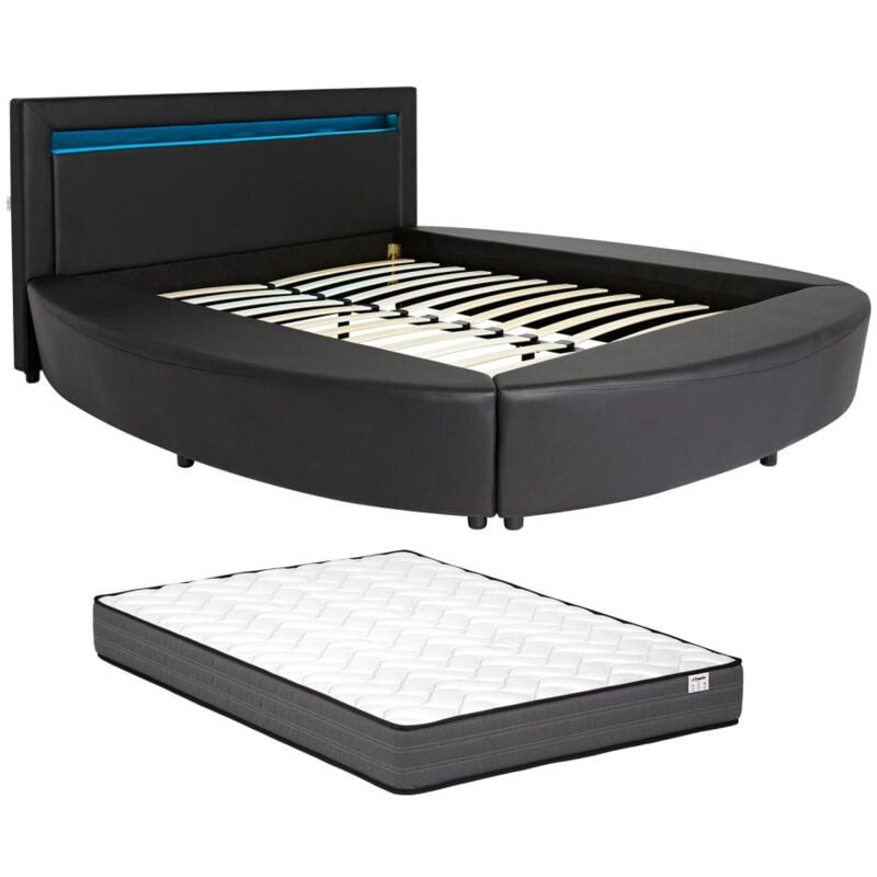 Lit rond 160 x 200 cm - Avec LEDs - Simili - Noir + Matelas - ABULIS III