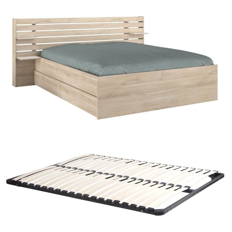 Lit 160 x 200 cm avec rangements - Coloris : Naturel + Sommier - TENALIA II