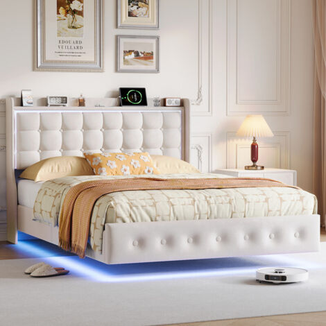 Lit 160 x 200 cm avec sommier, style flottant, lit double avec  LED et USB, lit capitonné, cadre de lit avec sommier à lattes, velours, beige