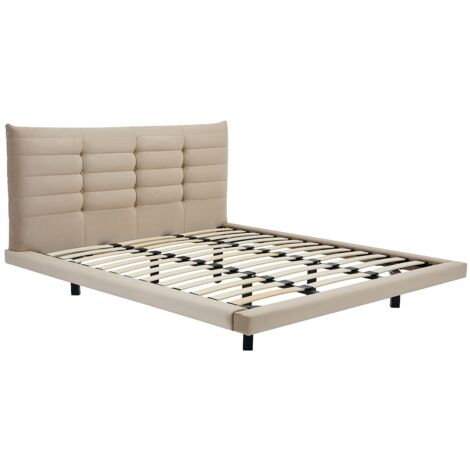 Lit 160 x 200 cm avec tête de lit capitonnée - Velours - Beige - NISATIO