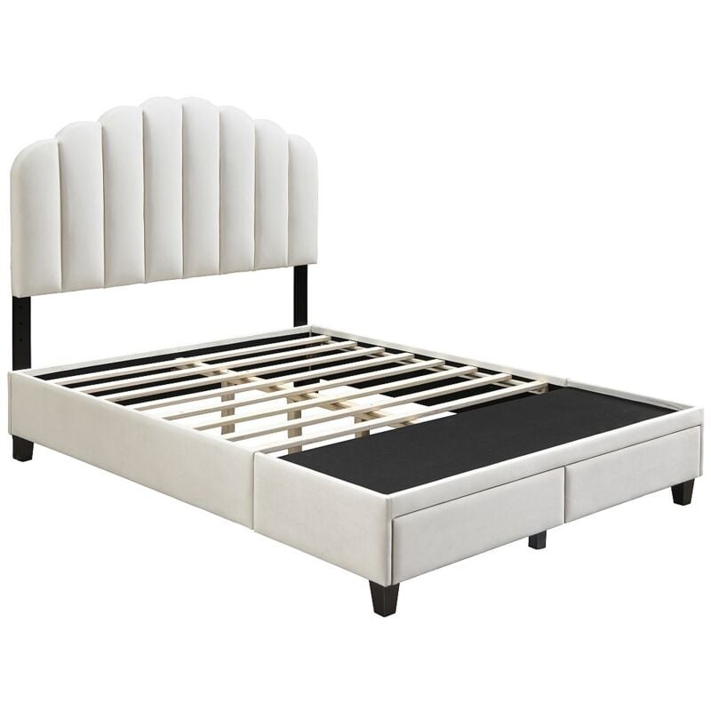 Vente-unique - Lit 160 x 200 cm avec tiroirs - Velours - Ivoire - ilisio