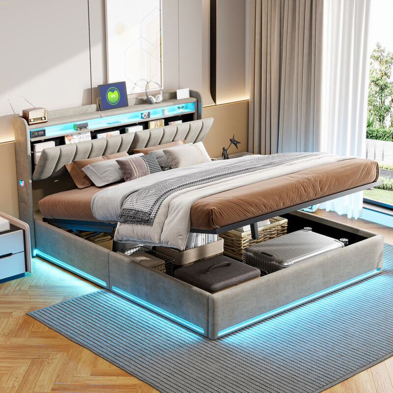 Lit 160 x 200 coffre double,lit Rembourré,lit Coffre Hydraulique,LED réglable avec ports USB,Structure métal,Velours gris