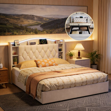 Lit 160x190 avec LED et Charge USB Tpye C - Lit Coffre avec Rangement et Tete de Lit bibliotheque - 2 Personnes - Velours Beige