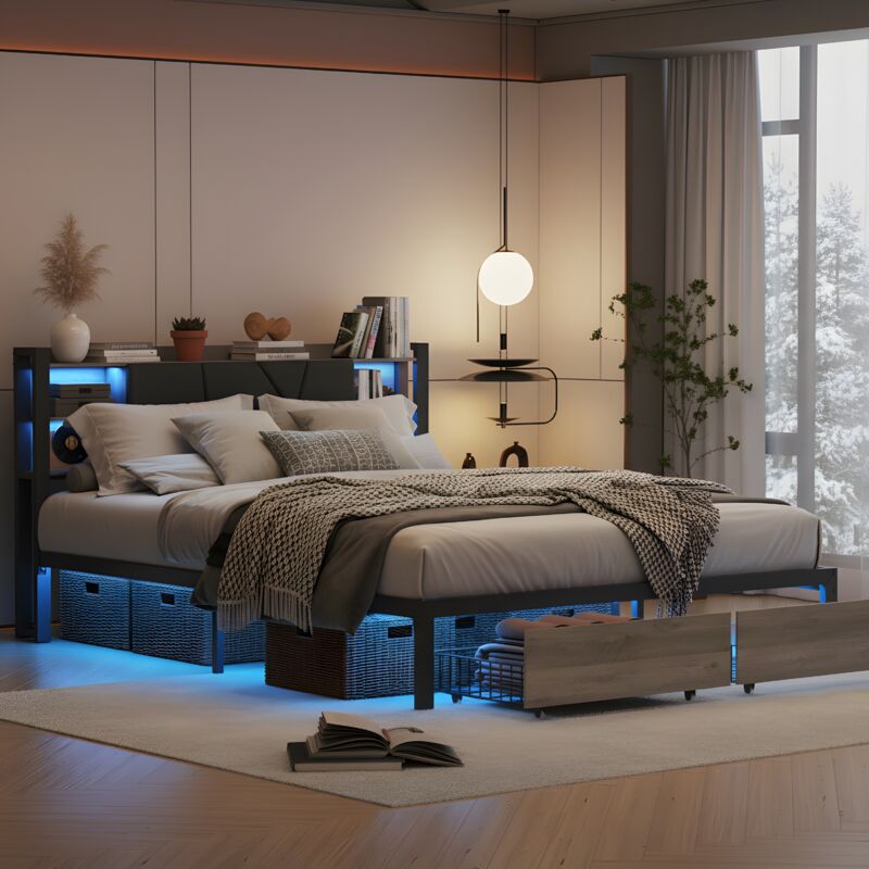 Lit 140x200 avec 2 tiroirs, lit double avec éclairage LED & Ports USB/Type-C, lit adulte, tête de lit avec rangement, style industriel