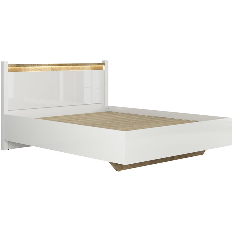 Lit 160x200 avec led Helios Blanc laqué et Bois