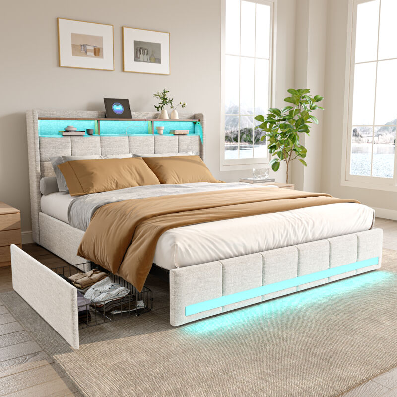Lit 180x200 avec rangement - SUNFECILI - Capitonné - LED réglable - Tiroirs de rangement - Dossier souple,4 tiroirs de rangement,lin,Beige