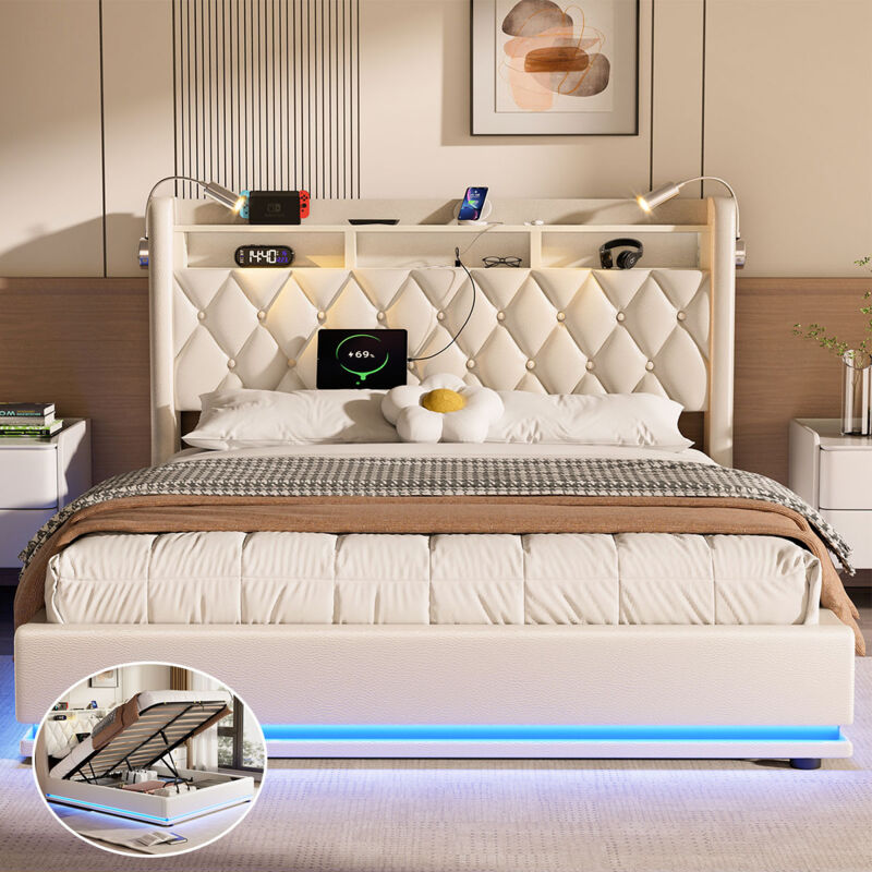 Janzdiys - Lit 160x200 avec Sommier et led et usb, Lit Coffre avec Tete de Lit et Espace de Rangement, Lit Double avec à Lattes Lit 2 Personnes, Lit