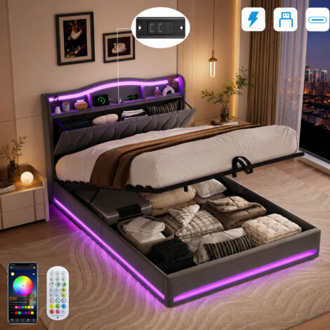 Lit 160x200 avec Sommier LED et USB Tpye C, Lit Double 160x200 avec Rangement et Tete de Réglable, Rembourré avec à Lattes, 2 Personnes Cadre de, Velours,Gris