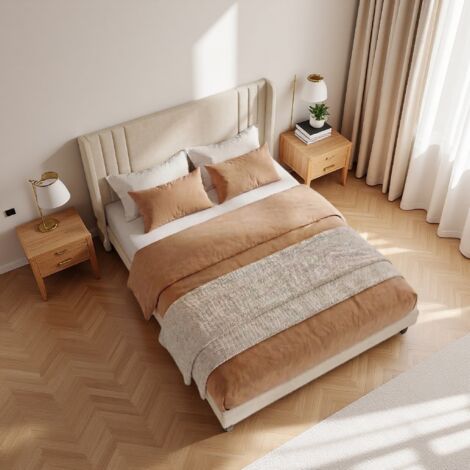 Lit 160x200 avec Sommier, Lin Lit 2 Personnes, Cadre Lit avec Tête Lit, Applicable à Recherchent Sommeil Qualité Apprécient Style Natu Rustique, L'expérience