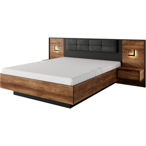 Lit 160x200 avec tables de chevet, Châtaignier + Anthracite, 264,2 x 102 x 210 cm