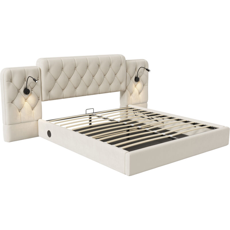 Lit 160x200 Avec Tête De Lit Longue En Velours, USB, LED Et Grand Rangement