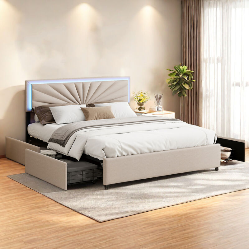 Sureh - lit 160x200 avec tiroir, lit double capitonné avec led, lit double 160x200 cm, lit double avec tiroir, lit rembourré avec tête de lit réglable