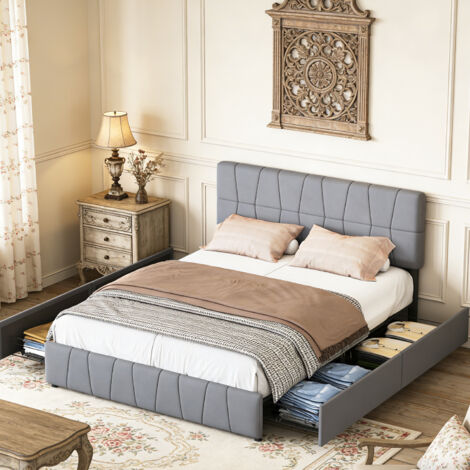 Lit 160x200 avec tiroirs de rangement, lit double capitonné avec sommier à lattes, Tête de lit réglable, pour adultes et adolescents, tissu en velours, gris