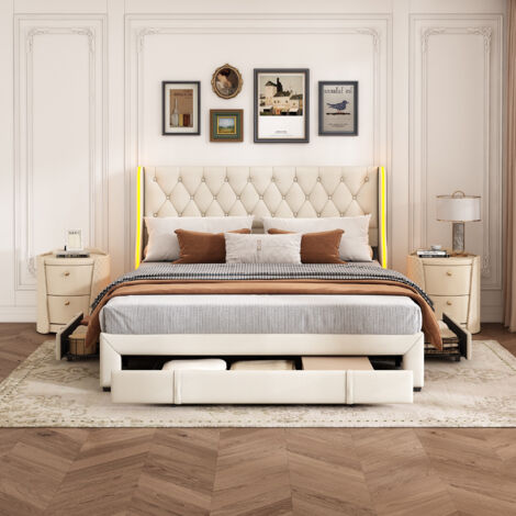 Lit 160x200 avec tiroirs, lit double velours, LED et 3 tiroirs - Tête de lit cloutée, sommier lattes inclus - Beige