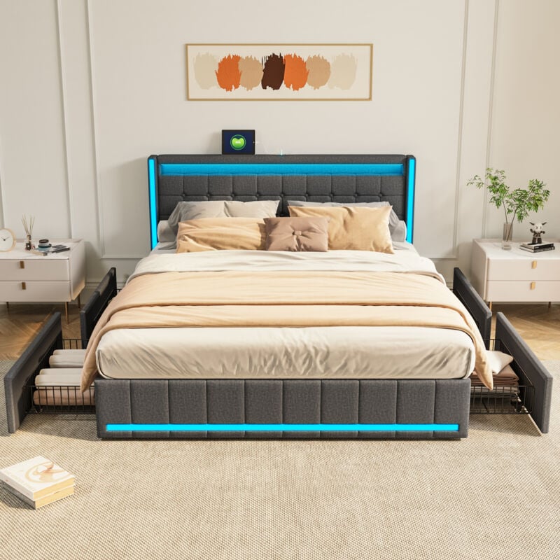 Pergar - lit 160x200 avec tirtors,lit double capitonné,sommier à lattes,LED réglable et chargement USB,lin,gris foncé