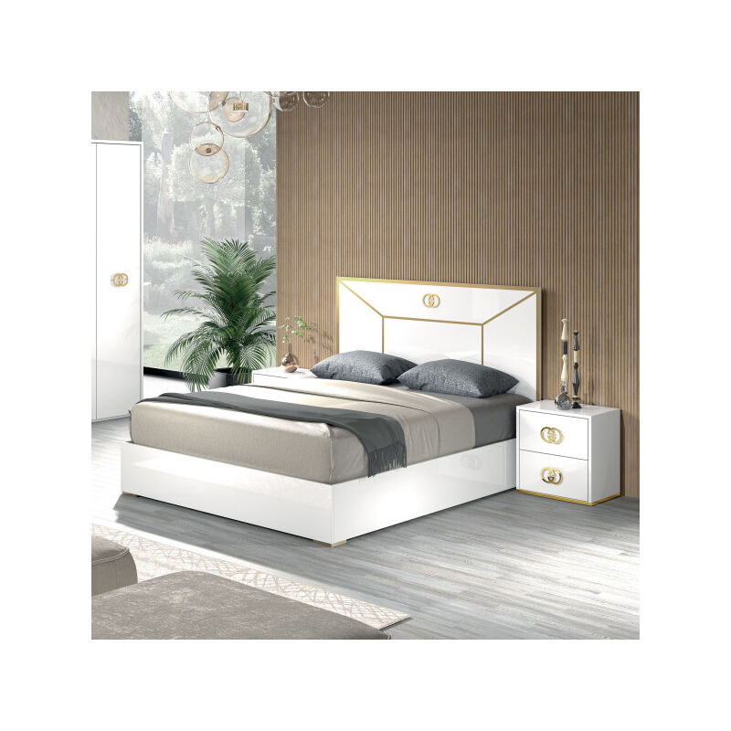 Lit 160x200 Blanc brillant/Or - GOVE - Lit : L 166 x l 207 H 123 cm