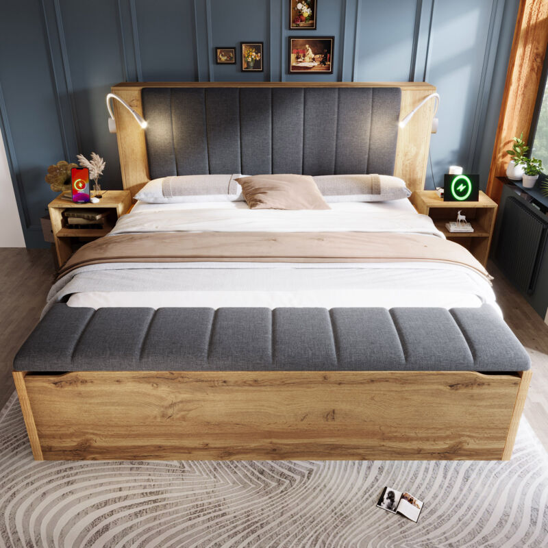 Lit 160x200 chêne, liseuses USB, 2 chevets + banc coffre, sommier inclus