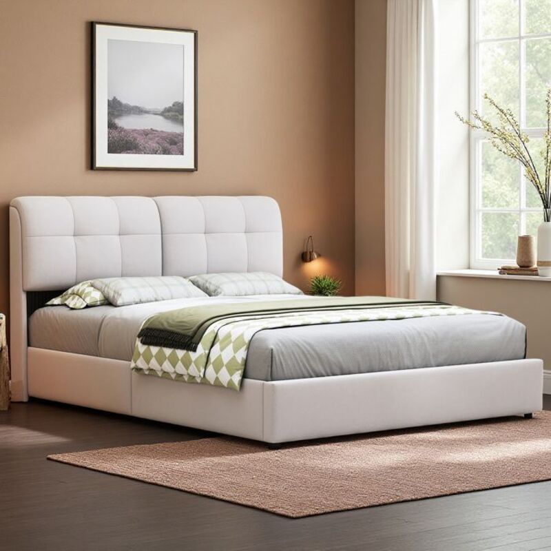Lit 160x200 cm, 15SM, LED réglable, hydraulique, moderne, cadre de lit 160x200 cm, Velours, beige