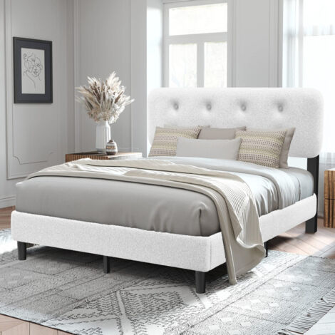 Lit 160x200 cm (2 places) à Sommier Lattes, Cadre Capitonnné Tête de Lit,Blanc,Style Moderne, Structure Solide, Confort Optimal, Adultes/Ados (Sans Matelas)
