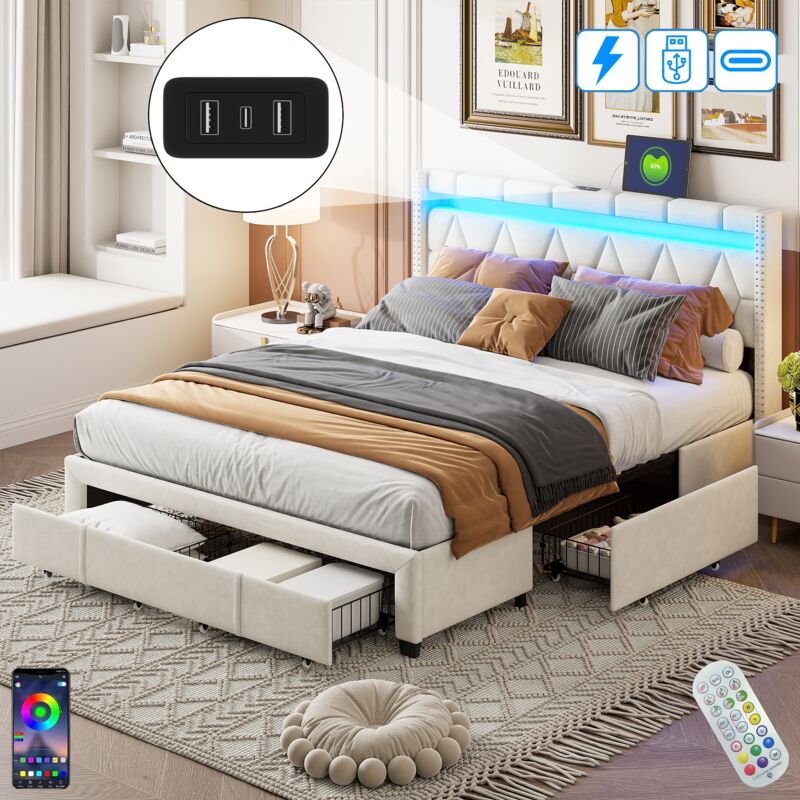 Lit 140x200 cm, 2 places, avec 4 tiroirs, led, motif de diamant, étagères, usb-a/c, sommier à lattes en bois, cadre en métal, lit capitonné en lin