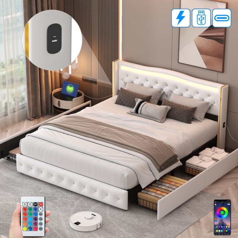 Lit 140x190 cm, 2 places, avec 4 tiroirs, led, port usb-a/c, Bandes en métal Doré, Boutons en cristal, sommier à lattes en bois, lit capitonné en