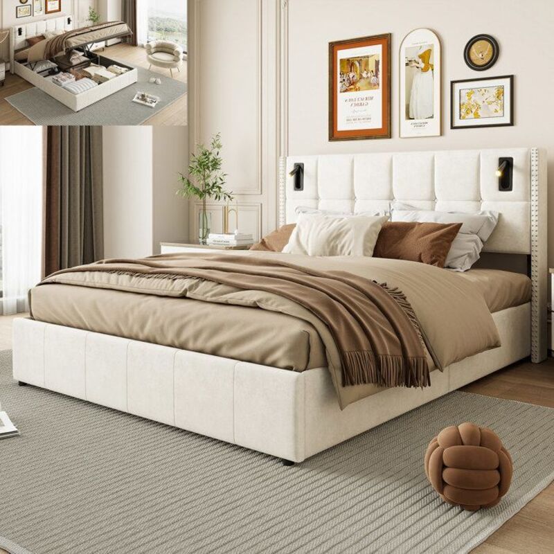 Lit coffre 160x200 cm velours beige avec tête de lit, lampes de lecture LED et ouverture hydraulique
