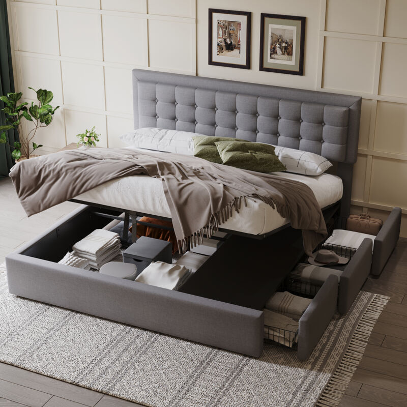 Lit 180x200 cm avec 3 tiroirs, lit coffre 180x200 cm, lit capitonné gris avec tête de lit capitonné et sommier à lattes, lin, sans matelas