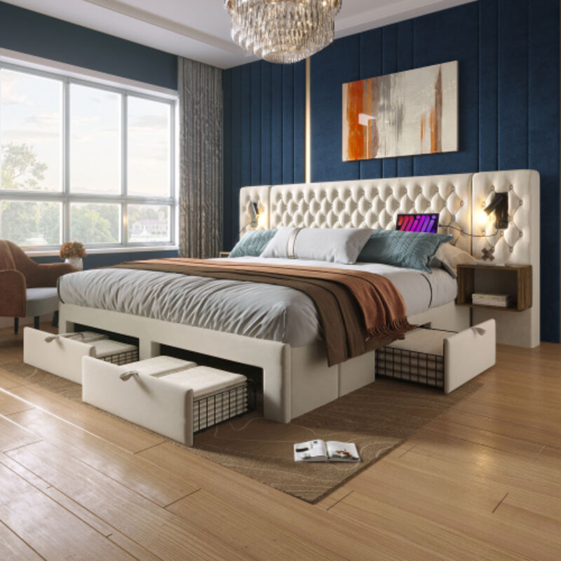 Lit adulte 180x200 cm avec 4 tiroirs, 2 tables de chevet, tête de lit avec lampe de lecture et USB, beige, velours, sans matelas