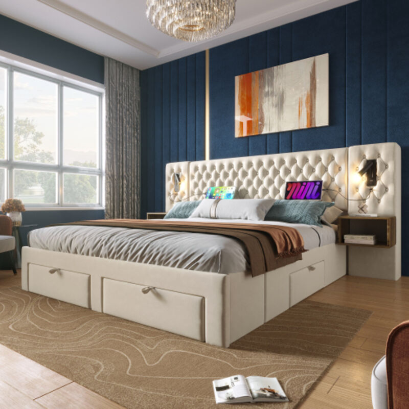 Wishdor – Lit coffre 160x200 cm avec 4 tiroirs et 2 tables de chevet – Tête de lit avec lampe de lecture et port USB – Velours beige