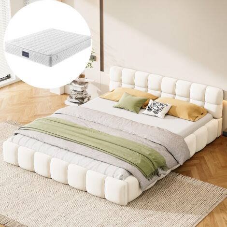 Lit 160x200 cm, avec dossier moelleux et cadre rembourré, sommier à lattes, lin, convient aux adultes et adolescents - Beige (avec matelas)