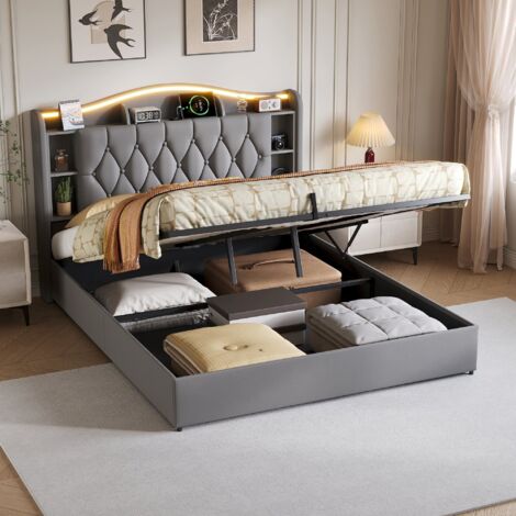 Lit 160x200 cm avec hydraulique,Lit coffre avec sommier à lattes,Lit double rembourré avec LED,Recharge sans Fil et USB,Velours Gris