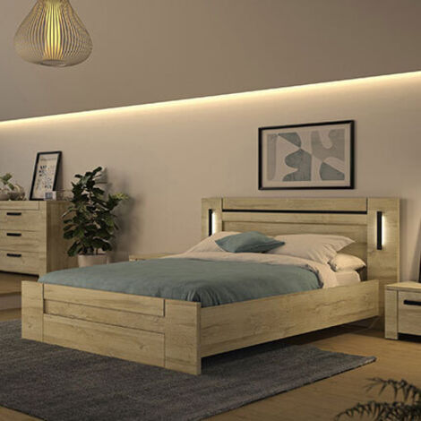 Lit 160x200 cm avec liseuses LED tactiles – Effet bois chêne doré/beige – Tiroir de rangement intégré – Hauteur tête de lit 99 cm – Gami