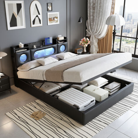 Lit 160x200 cm avec sommier et rangement, lit coffre à LED et USB, lits 2 place hydraulique avec étagères ouvertes et tête de lits rembourré, PU, noir