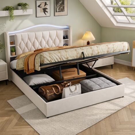 Lit 160x200 cm avec Sommier LED et port USB Tpye-C - Lit 2 Personnes avec Hydraulique - Tête de Lit avec Rangement - Velours Beige