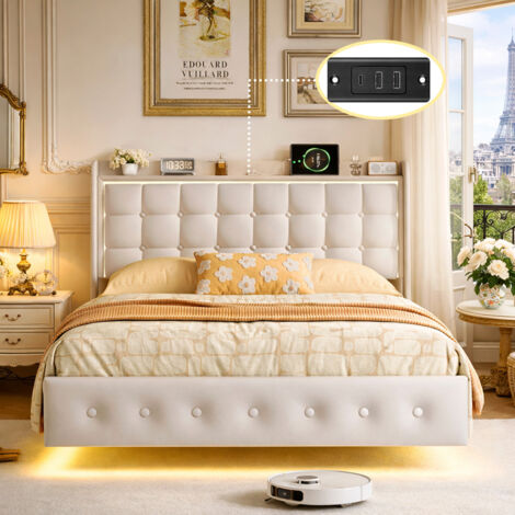 Lit 160x200 CM avec Sommier LED et USB Tpye C - Lit Flottant 2 Personnes - Tête de Lit Rembourrée avec Rangement - Velours Blanc