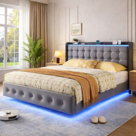 Lit 160x200 cm avec Sommier - Lit 2 Personnes avec Rangement - Lit Flottant avec LED - Prise Intégrée (USB + Tpye) - Velours - Gris
