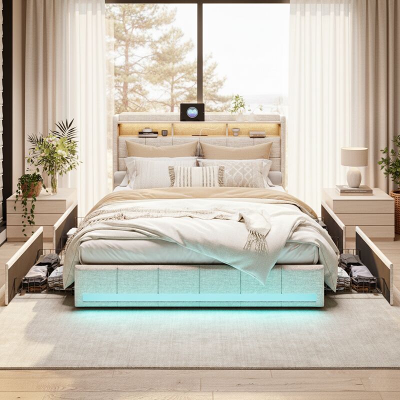 Lit 160x200 cm avec tiroirs, avec tête de lit éclairée LED, 4 tiroirs et 2 ports de recharge USB, sommier à lattes, scandinave, lin, Beige