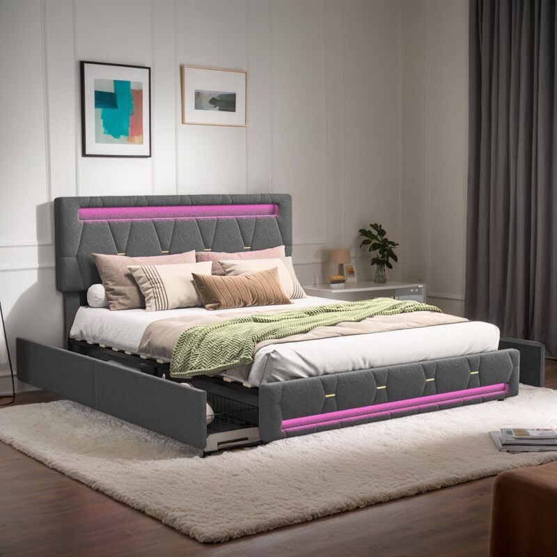 Sureh - Lit 160x200 cm avec tiroirs,lit 2 Personnes avec rangement,éclairage LED,cadre de lit avec sommier à lattes,lit coffre LED,gris